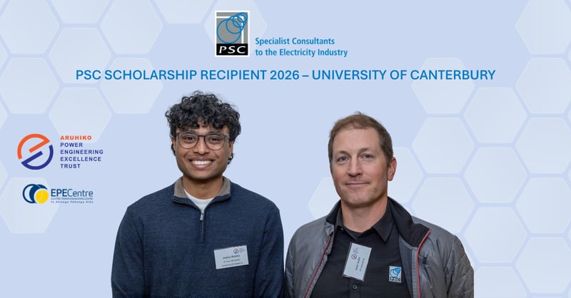 2026 UoC Scholarship recipient Joshua Naidoo (L) with Leon Joslin, PSC New Zealand Team Lead, Power Network Solutions