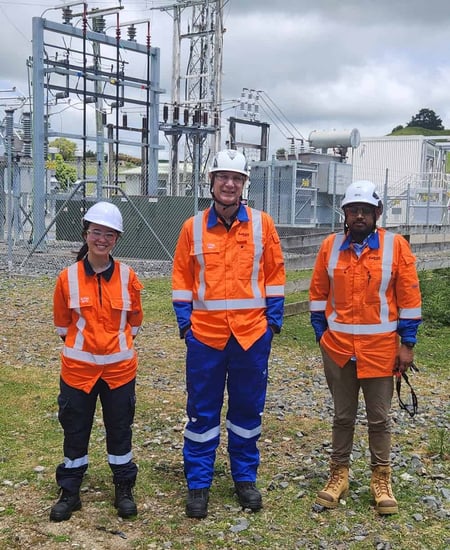 Una Drayton (L) with TLC General Manager Operational Excellence Craig Hackett (C) and TLC Asset Engineer Substations Ash Singh (R) at the 33kV/11kV Waitete Zone Substation