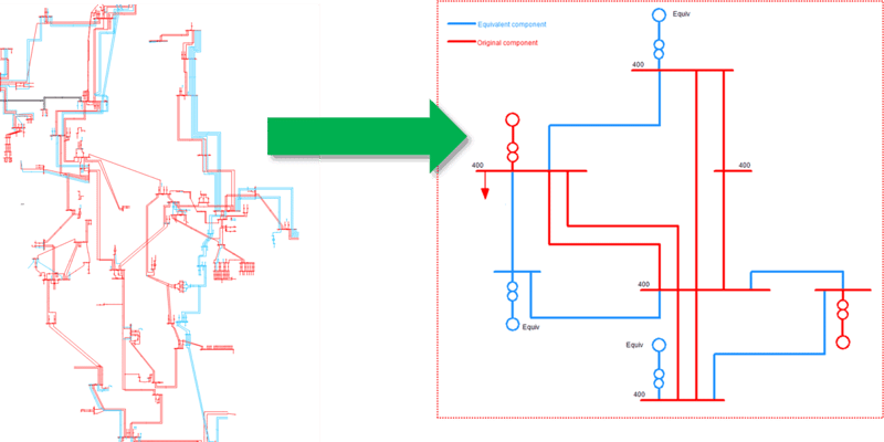 Figure 1: Example of an AC equivalent representation. The network to the right illustrates the reduced network: red elements indicate the retained components and blue elements indicate the equivalent network.